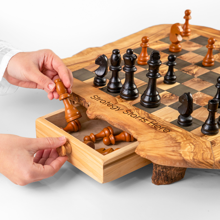 Handmade Tunisian Olive Wood Chess Set with Drawers and Wonky Legs