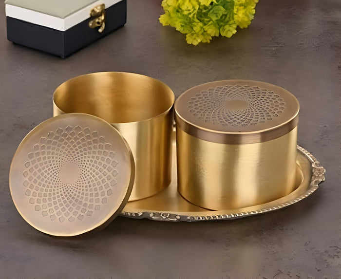 Handcrafted Brass Container's With Plate For Cookei's (Pack Of 3) Size