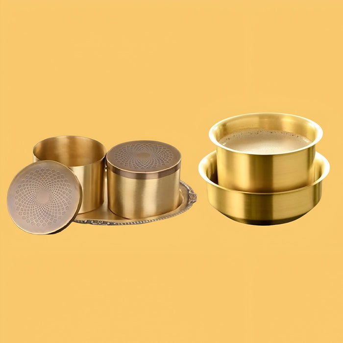 Handcrafted Brass Coffee Cup and Bowl & Container's With Plate(Pack Of