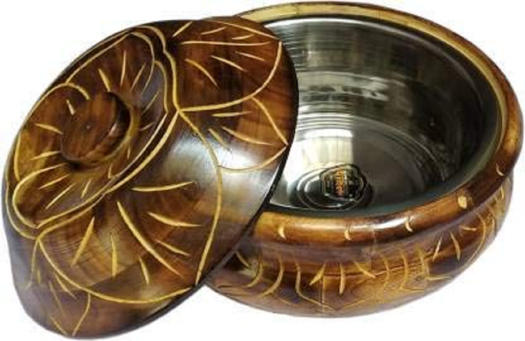 Handcrafted Wood Floral Design Chapati Serving Hot Pot Size 9X9X3.5