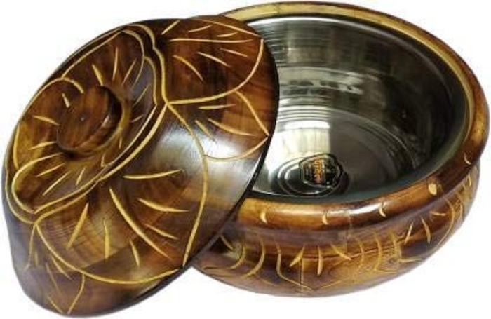 Handcrafted Wood Floral Design Chapati Serving Hot Pot Size 9X9X3.5