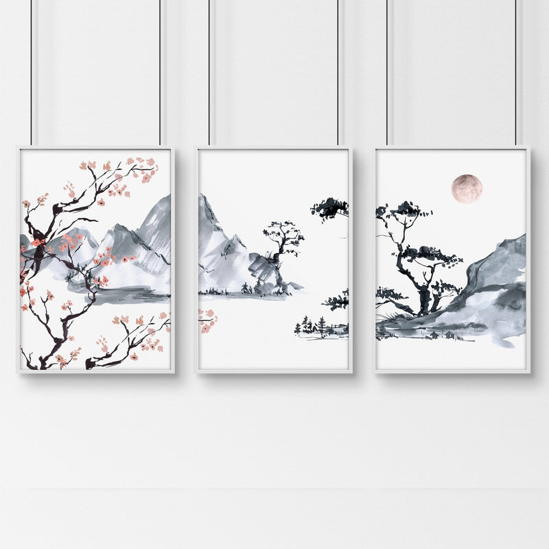 Japanese cherry blossom tree | set of 3 framed wall art