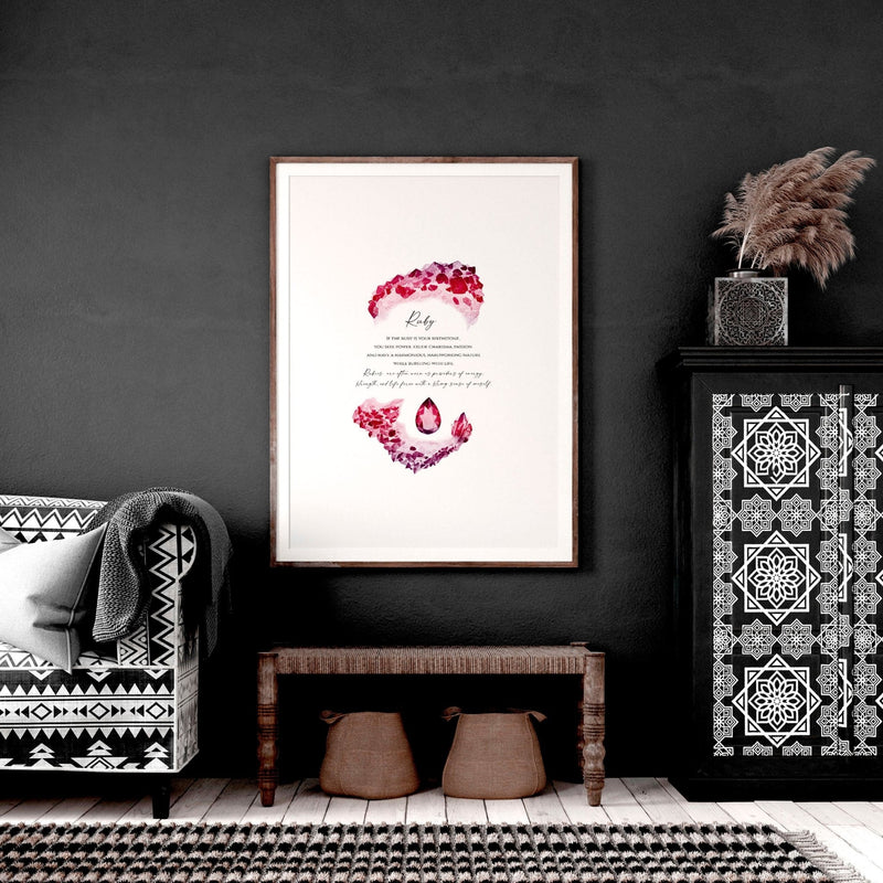 Ruby Birthstone significance framed wall art print