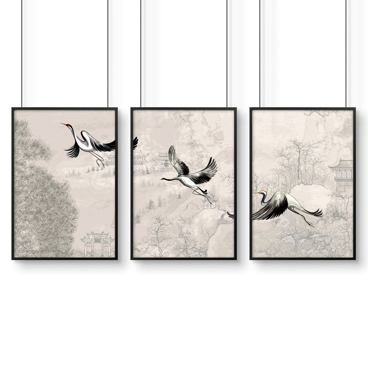 Crane art | set of 3 Japanese wall art